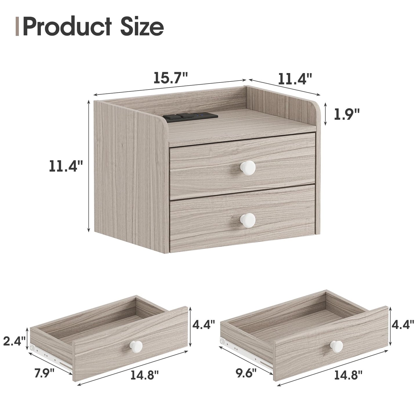 Vabches Floating Nightstand Set of 2 with 2 Storage Drawers and Charging Station Wood Wall Mounted Bedside End Table Modern Night Stands Set 2 for Bedroom,Small Space,Grey