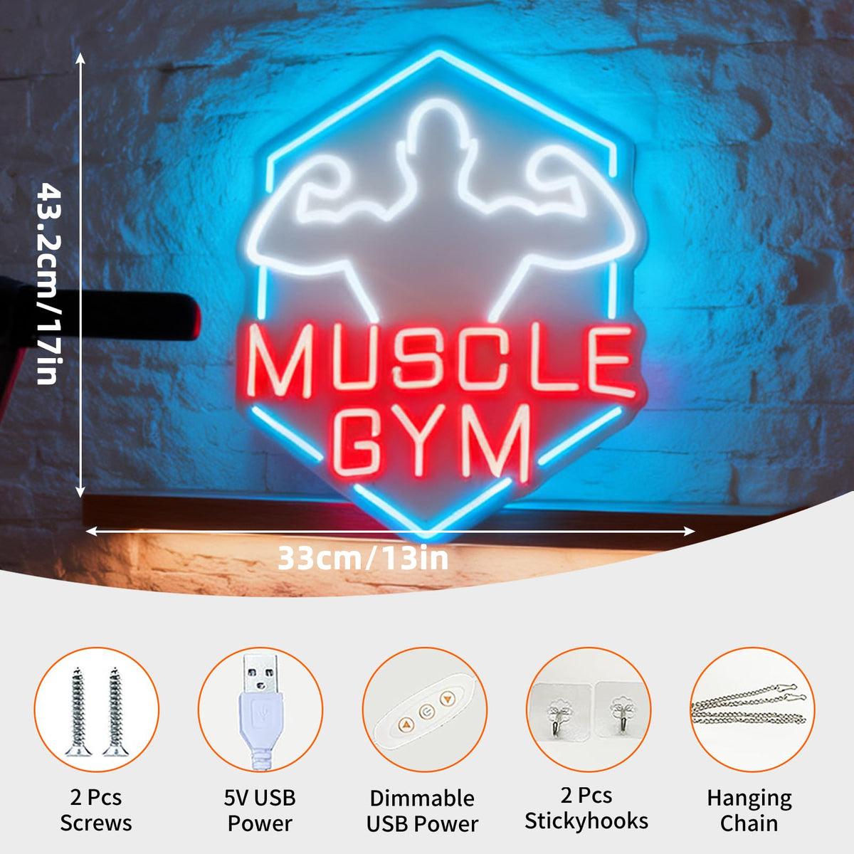 Muscle Gym LED Neon Sign, Home Gym Fitness Center Workout Space Fitness Studio Gym Room Wall Table Decor, Gift for Bodybuilder, USB Powered Dimmable Decorative Neon Light 17 x 13 In