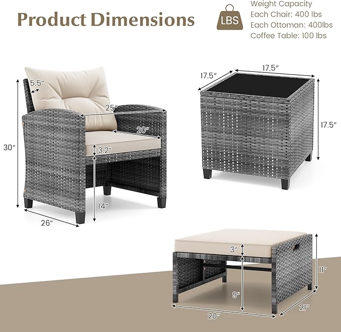 Tangkula 5 Pieces Patio Conversation Set, PE Wicker Rattan Outdoor Furniture Set