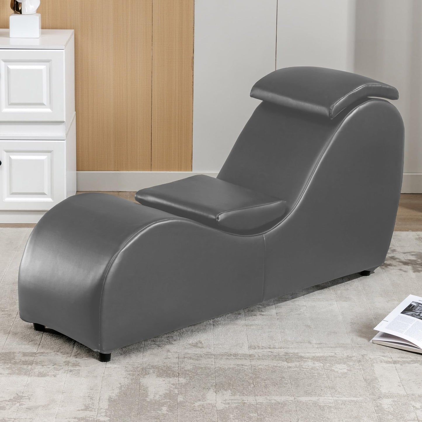 BALUS 60" Chaise Lounge Chair for Yoga Stretching, S-Shape Chair for Adults Exercising Relaxing, Faux Leather & Wooden Indoor Lounge for Living Room, Apartment, Office, Dark Grey