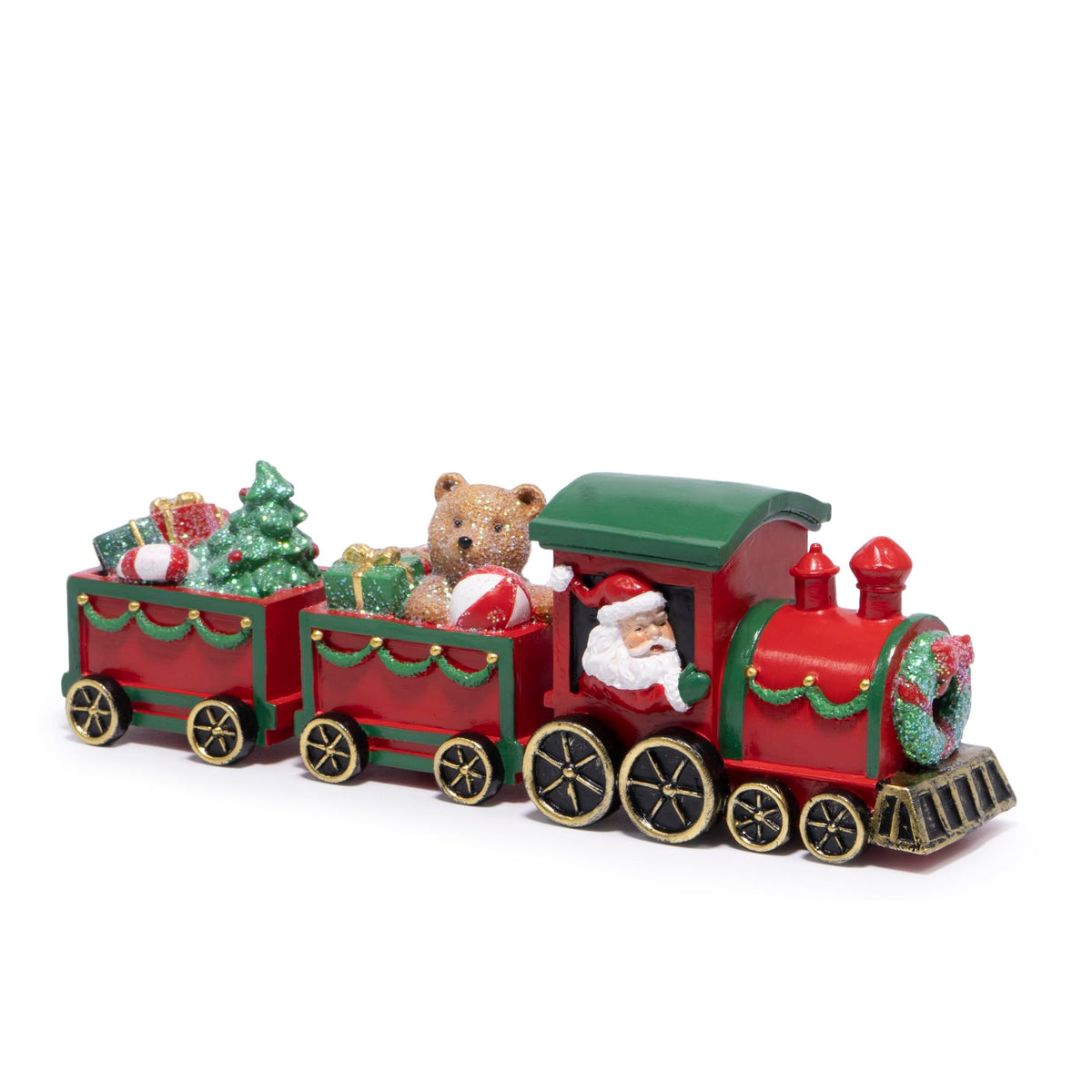 Hodao Christmas Train Decorations – Hand-Painted Resin Santa Claus Gift Train with Teddy Bear, Christmas Tree and Presents, Festive Ornament for Home, Tabletop, Shelf, Mantel, Décor