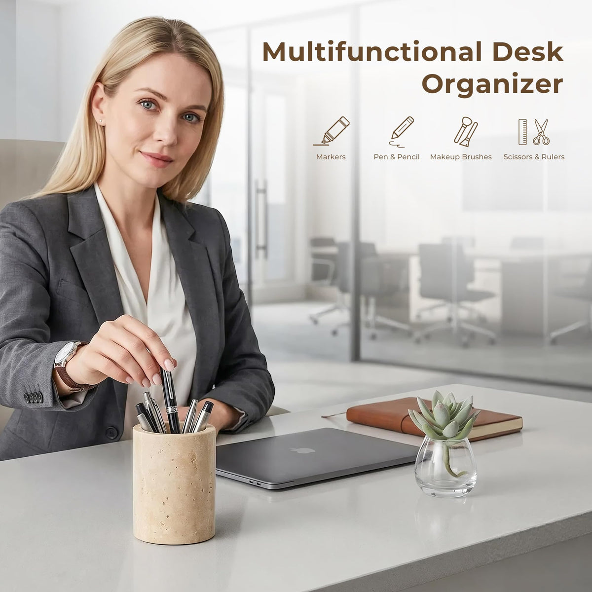 WORHE Travertine Stone Pen Holder for Desk, Handcrafted Volakas Sturdy Desk Organizer for Office Supplies Storage Desktop Stationary Makeup Brushes Cup Pencil Holders for Home Beige (WH101)