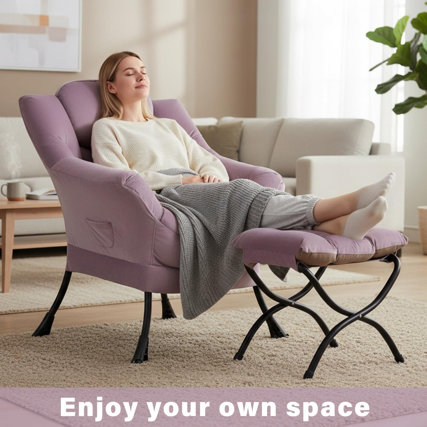 Givjoy Lazy Chair and Ottoman, Large Velvet Light Purple Accent Chair with Side Pocket, Modern Leisure Upholstered Reading Armchair with Footrest for Office, Bedroom, Living Room, Dorm Rooms, Balcony
