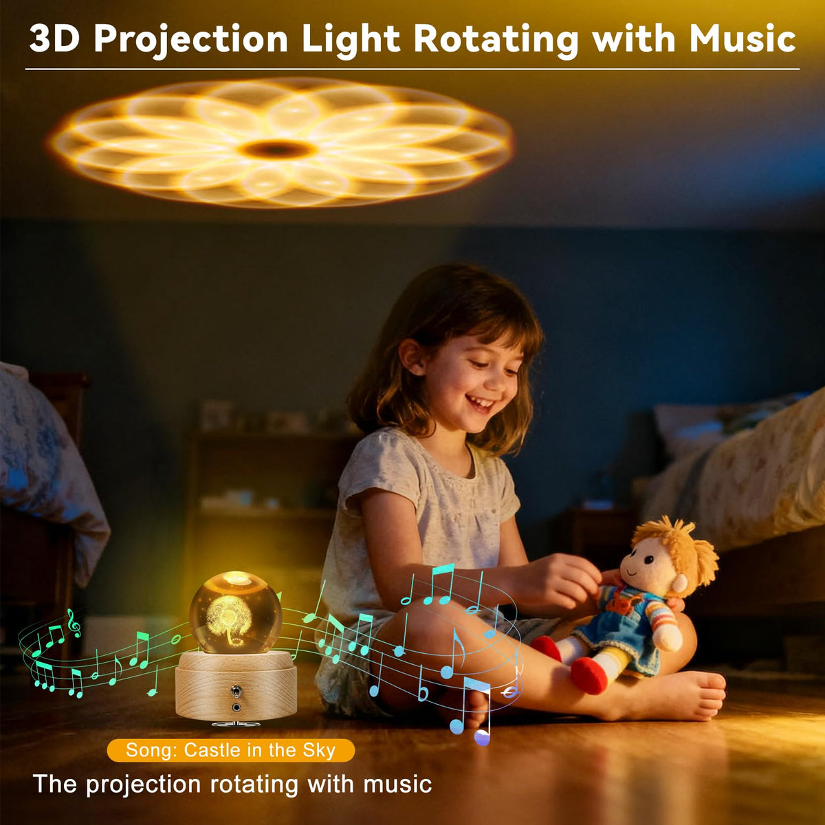 XKELFX 3D Crystal Ball Music Box, with Projection LED Lights, Rotating Wooden Base, Musical Box Gift for Birthday, Christmas, Valentine's Day, for Women Mom Daughter Girls (Dandelion)