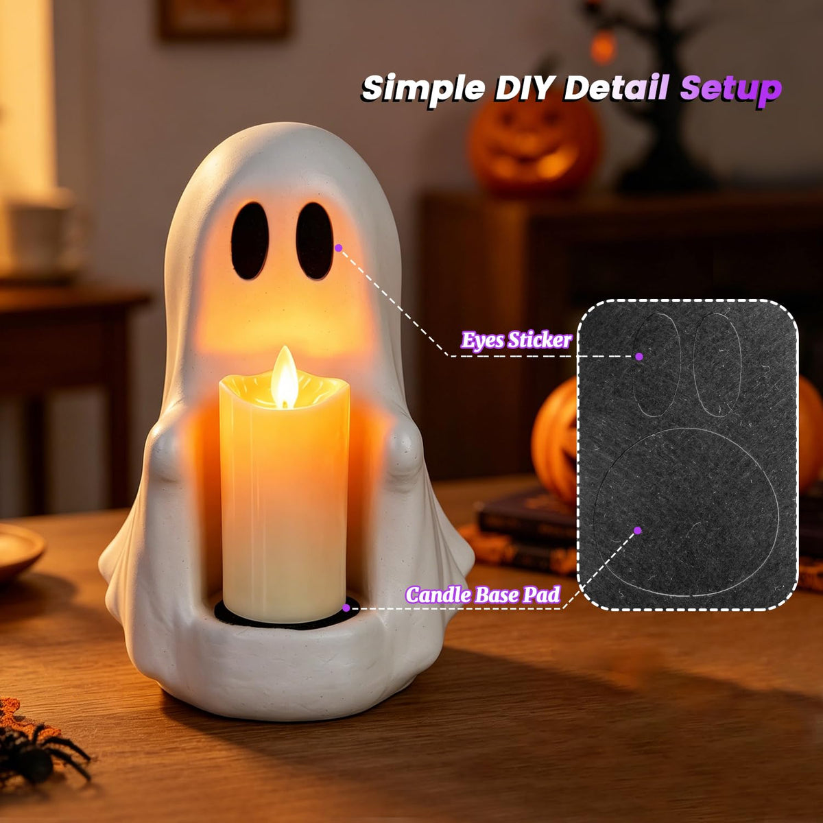 Halloween Ghost Candle Holder with Flickering Candle Effect, Spooky Cute Ghost Decor, Plastic Tabletop Decoration for Halloween Party Home
