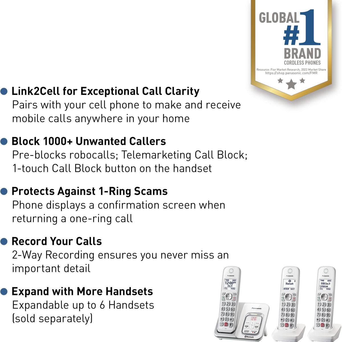 Panasonic Cordless Phone with Answering Machine, Link2Cell Bluetooth Home Phones, Voice Assistant and Advanced Call Blocking, Expandable System with 3 Handsets - KX-TGD863W (White)