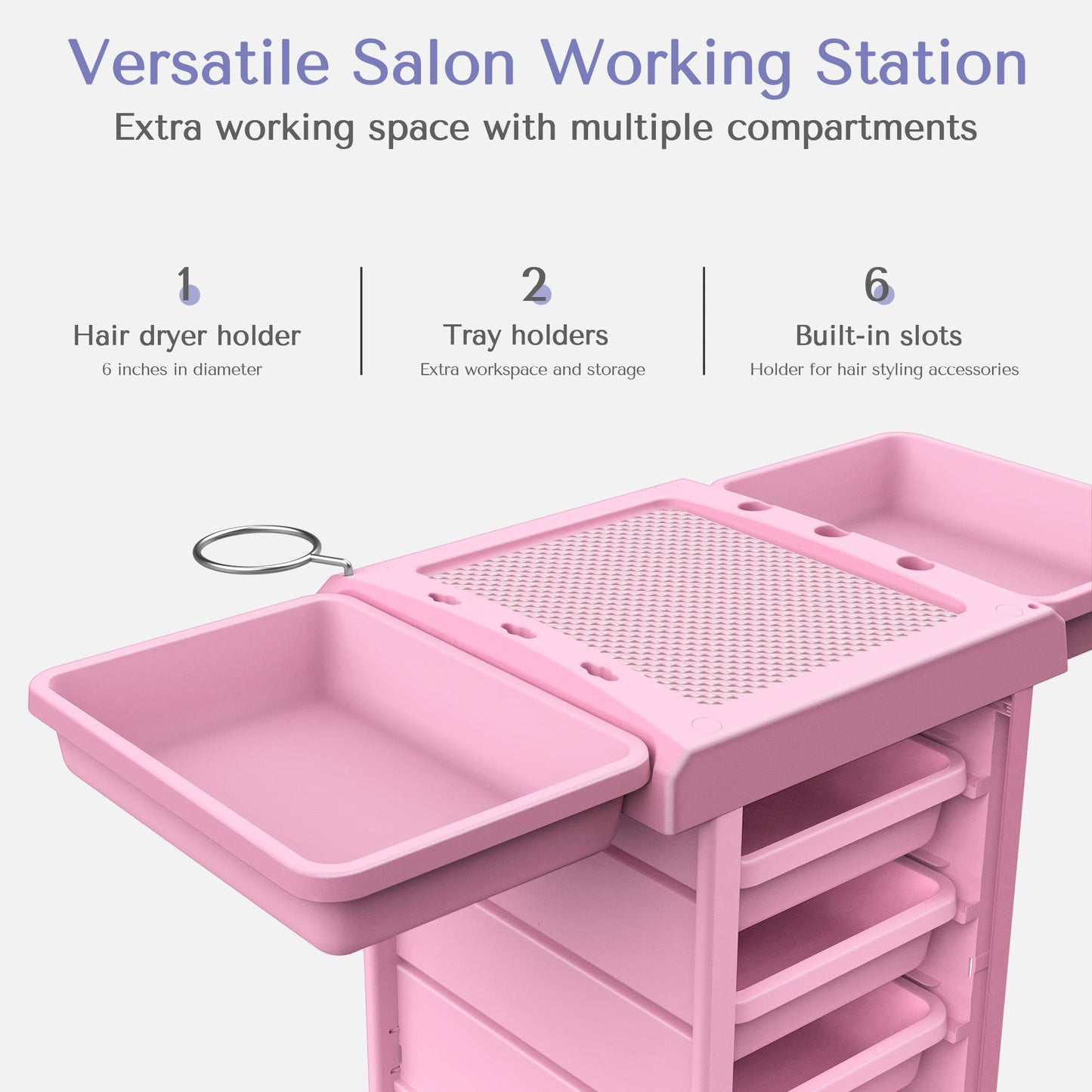 TASALON Salon Trolley - Space Saving Rolling Cart for Extra Storage - 6-Tray Multipurpose Salon Cart - Tattoo Tray - Pink