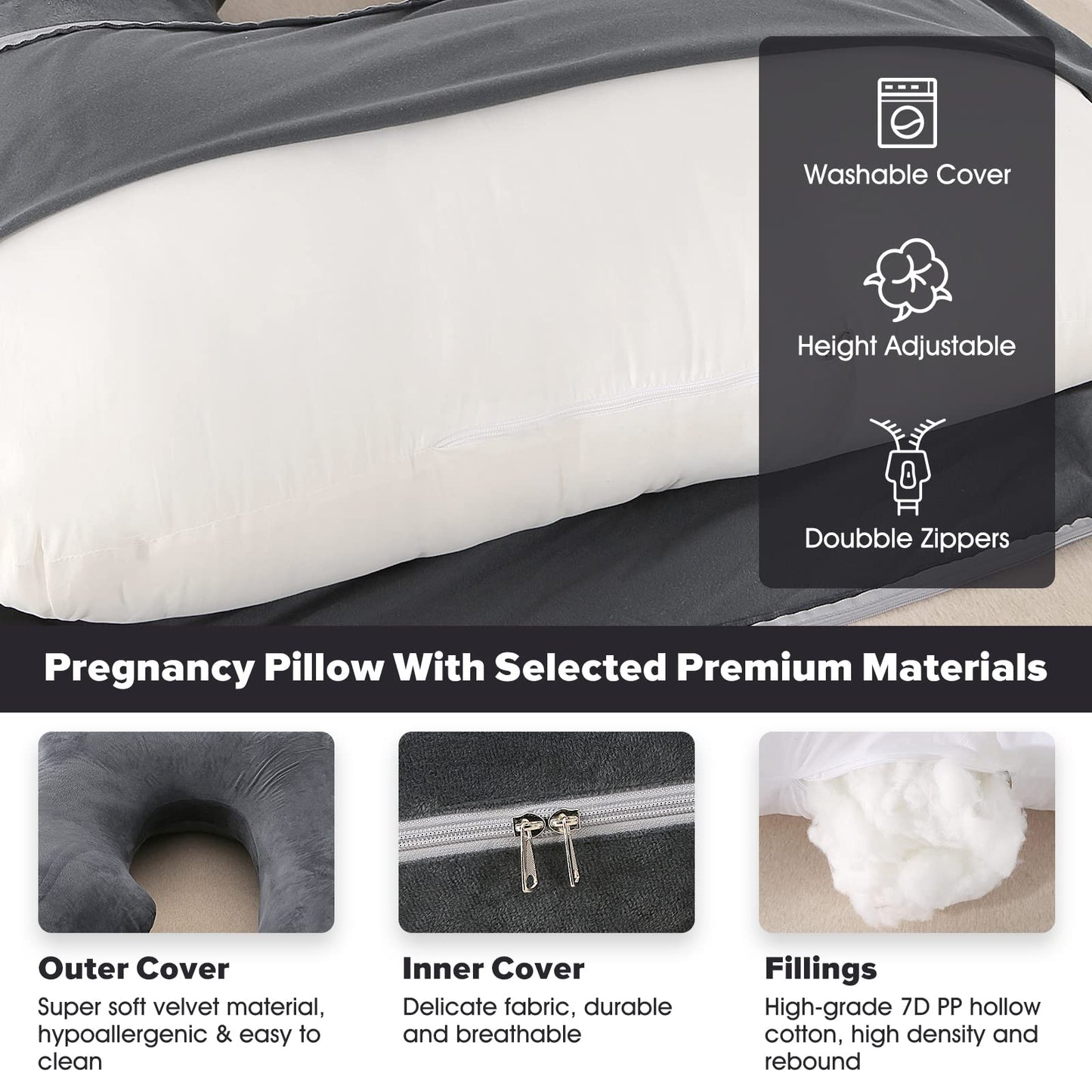 U-Shaped Full Body Pregnancy Pillow for Sleeping – 57" Maternity Pillow with Removable Cover, Support for Back, Legs, Belly & Hips (Velvet -Black)