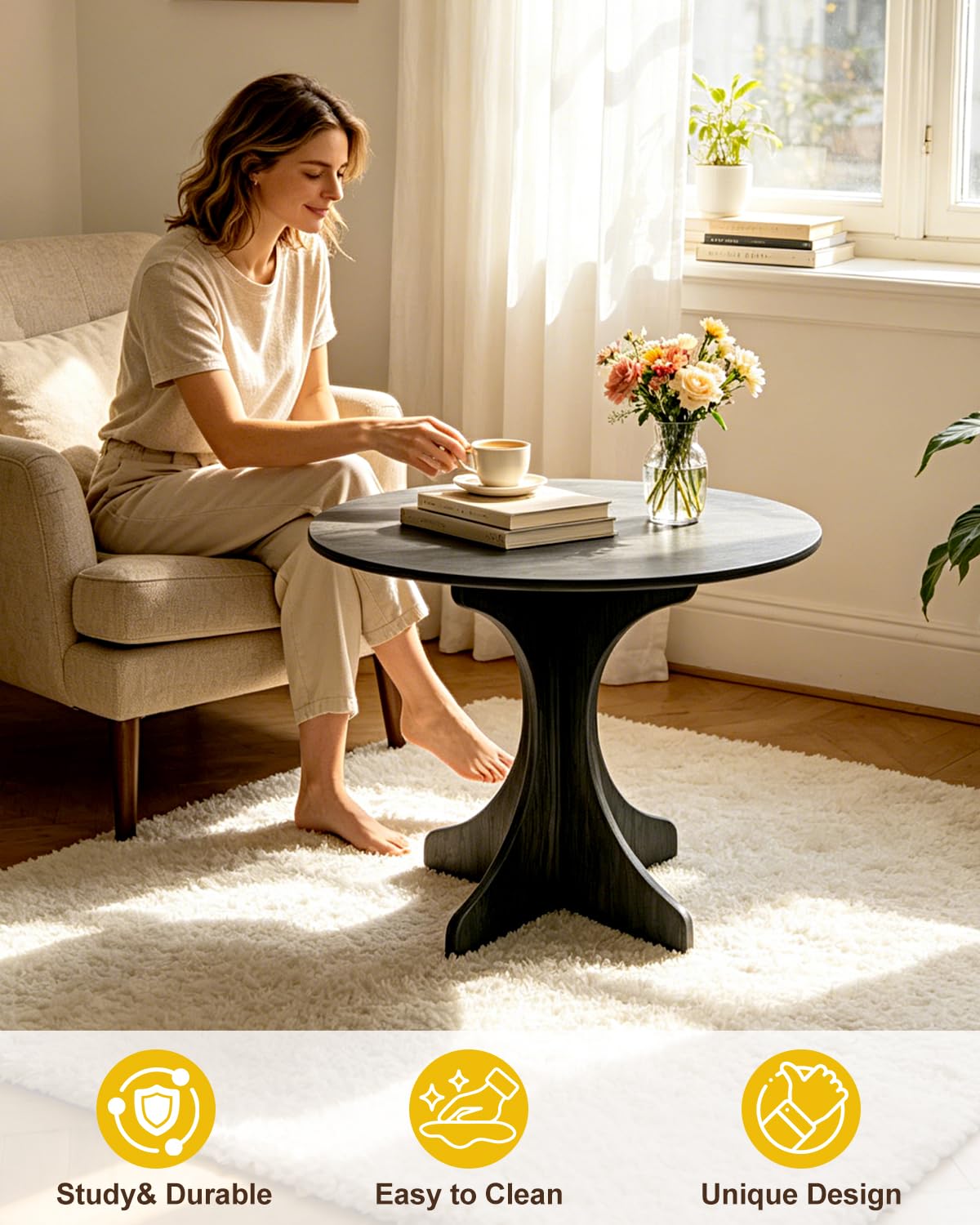 Modern Round Side Table, 24in Minimalist Accent End Table with Curved Tripod Base, Compact Round Sofa Side Table, Easy Assembly Nightstand for Living Room Bedroom Balcony Small Spaces-Gray Oak