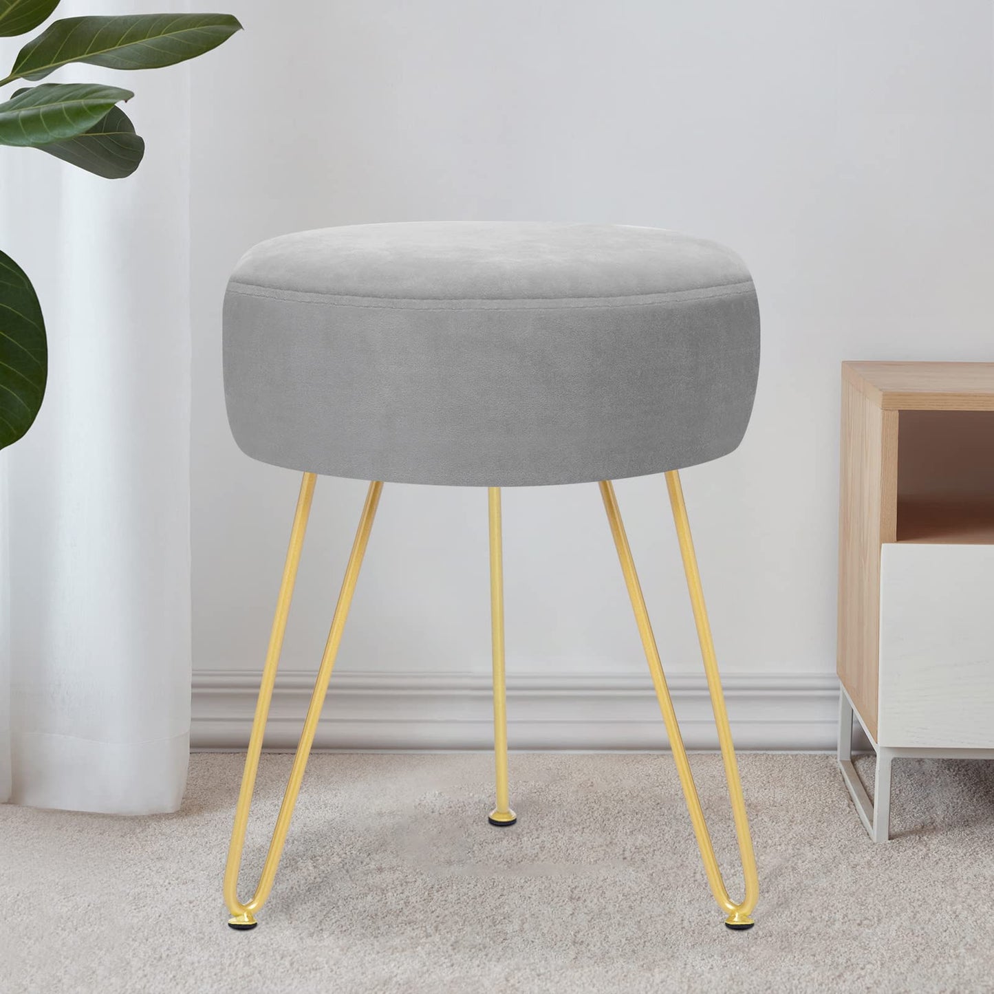 YOONIC Velvet Soft Modern Vanity Stool -Round Footrest Stool Ottoman Side Table Seat Dressing with Golden Metal Leg and Sponge Filling,Upholstered Foot Rest, for Living Room and Bedroom (Gray)