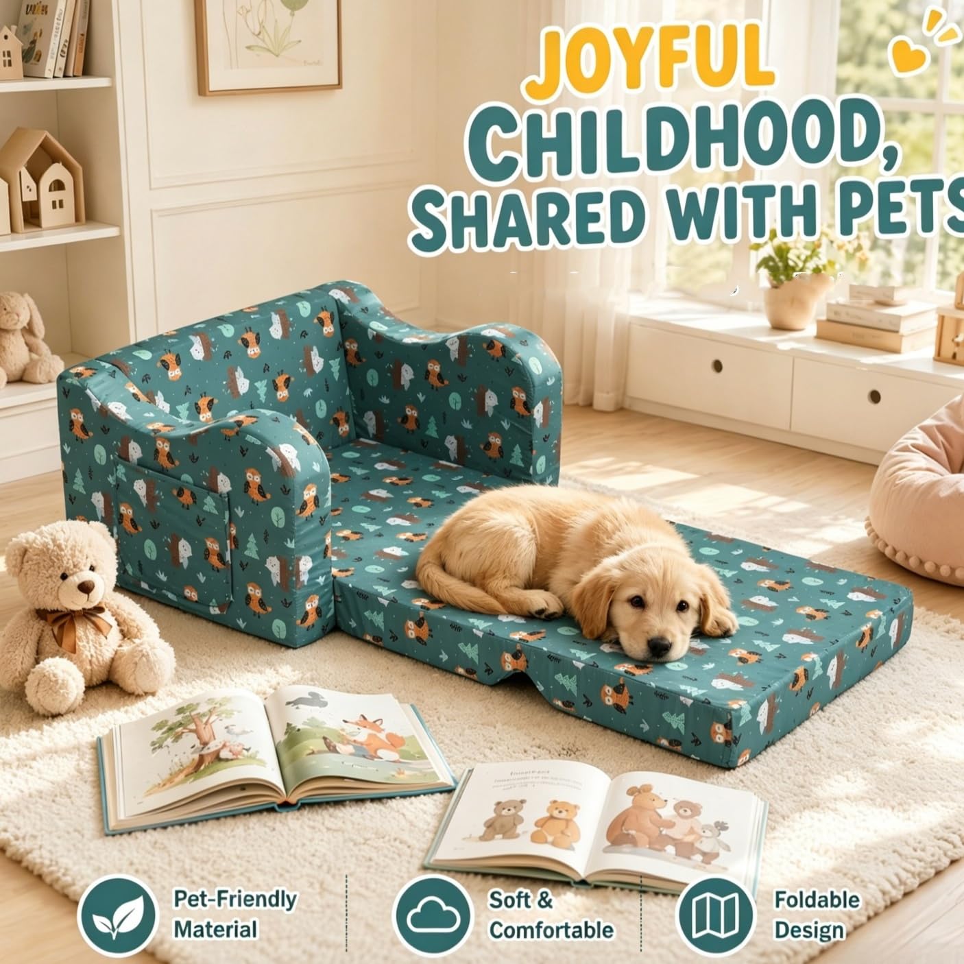 MOMCAYWEX Kids Sofa, 2-in-1 Flip-Out Foam Couch, Foldable Soft Play Lounge Chair, Teal