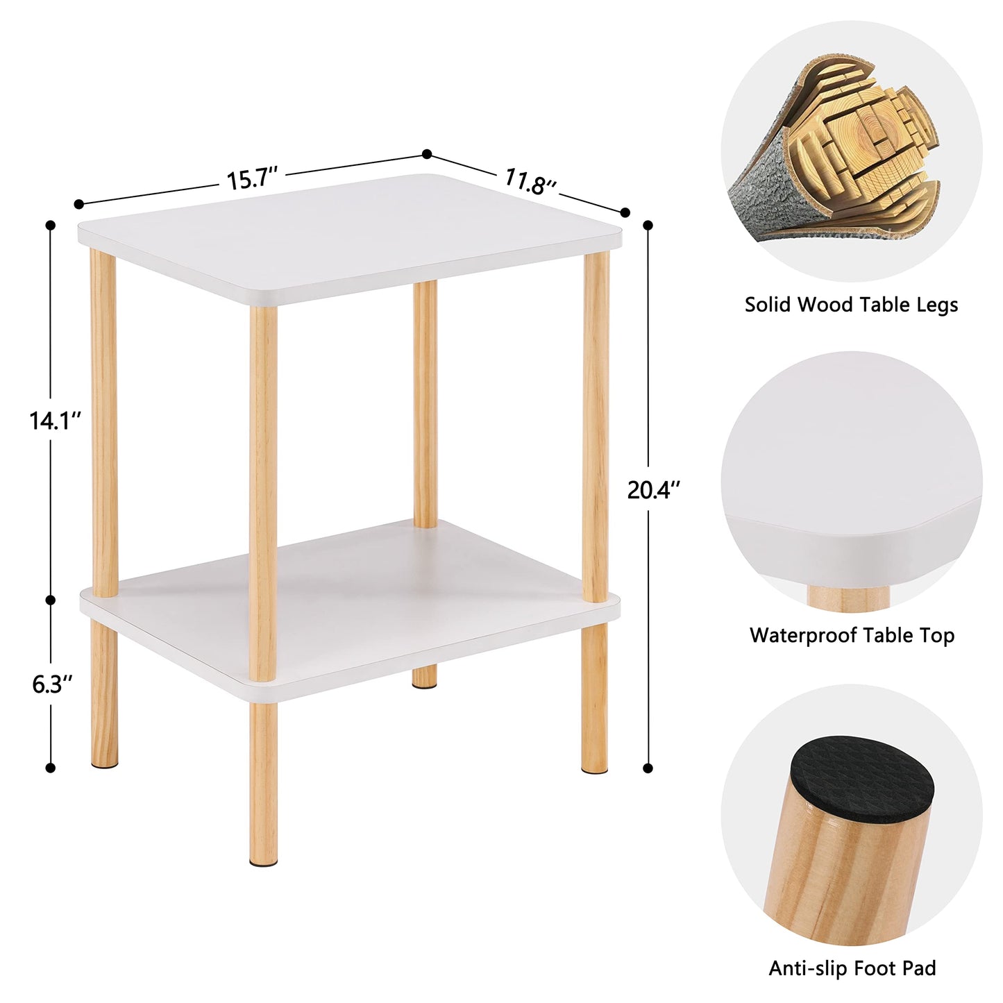 Apicizon 2 Tier End Table, Small Side Table with Solid Wood Legs, Boho Bedside Table with Storage Shelf, Nightstand for Small Spaces, Bedroom, Living Room, Entryway, Easy Assembly, White+Natural
