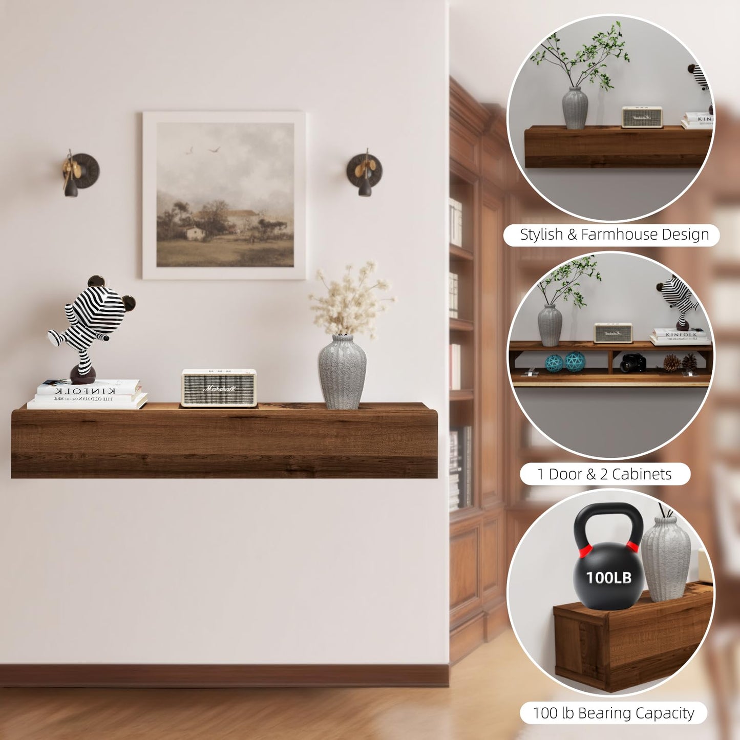 TuckTect Floating Solid Wood Console Table, 32'' Wall Mounted Narrow Entryway Table with Storage Shelf, Modern Couch Shelves Small Entry Way Tables for Entryway, Front Hall, Hallway (Walnut, 31.5IN)