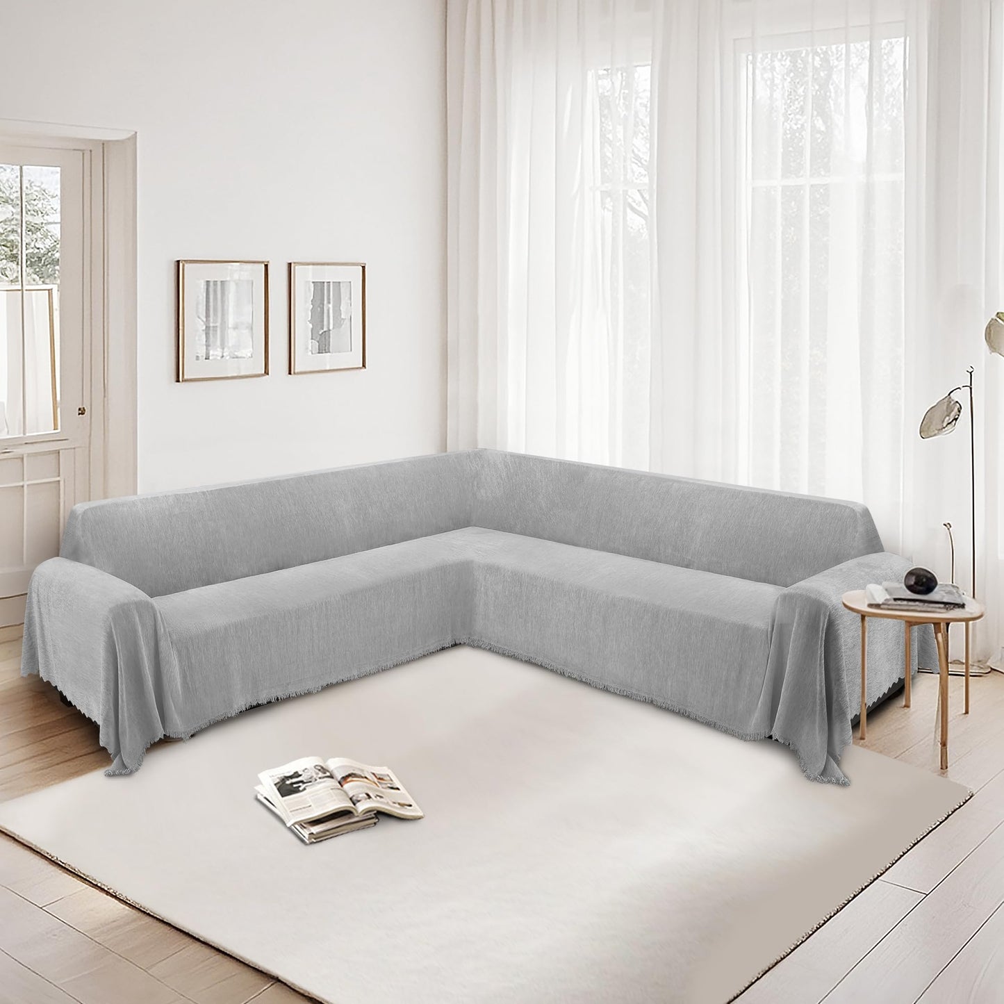 HDCAXKJ Corner Sectional Couch Covers for Dogs L Shape Sofa Cover with Tassel Chenille Super Soft Non Slip U Shaped Couch Cover Blanket Washable Sectional Slipcover Protector (Ash Gray, 71x276 inch)