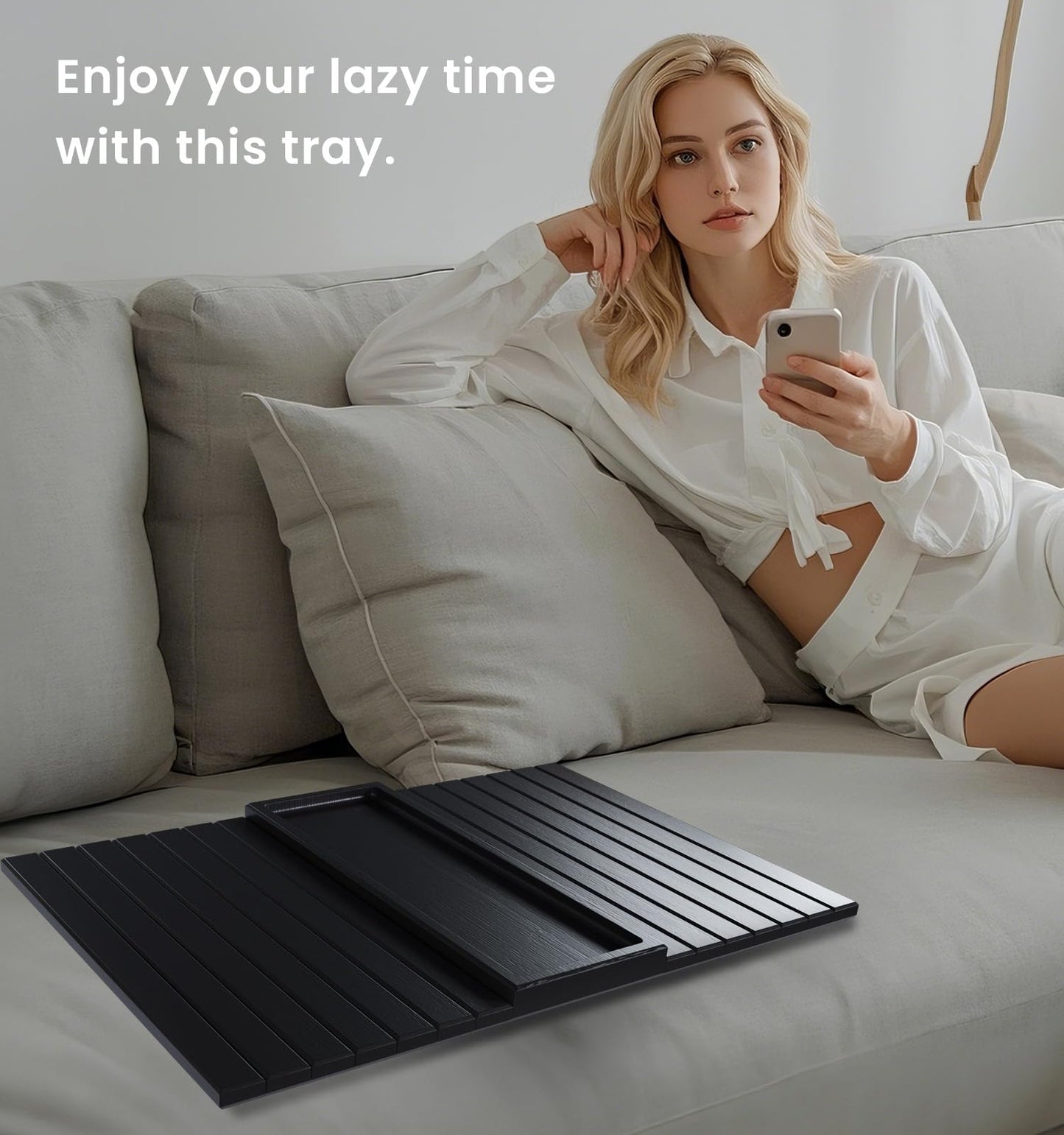Danfoxer Sofa Arm Tray,Bamboo Folding Couch Arm Tray,Sofa Armrest Trays with Anti-Slip Pad for Drinks,Snacks,Phone,Remote Control（Black）