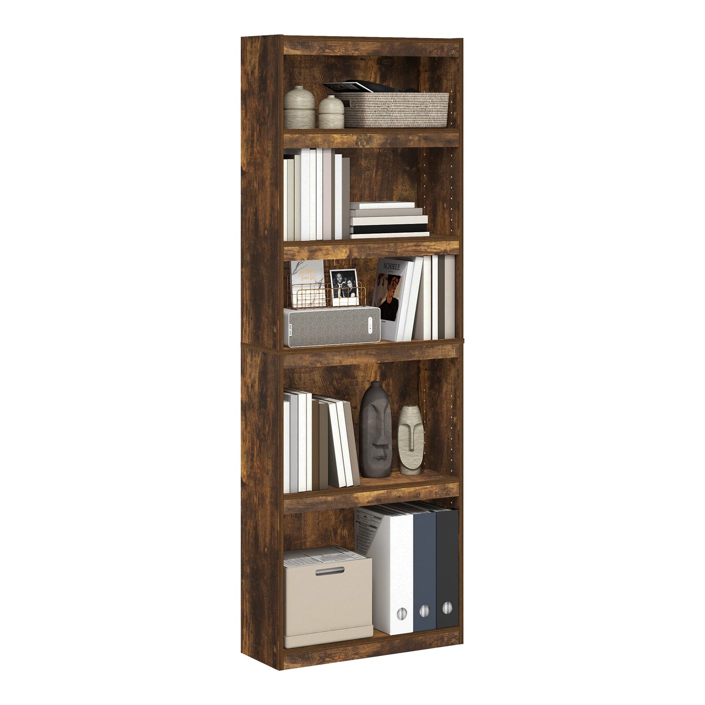 Furinno Jaya Book Shelf, 5-Tier Bookshelf, Bookcase, with Adjustable Shelves, 9.5" x 24.5" x 71.1", for Organization and Storage, for Home Office, Living Room, Amber Oak
