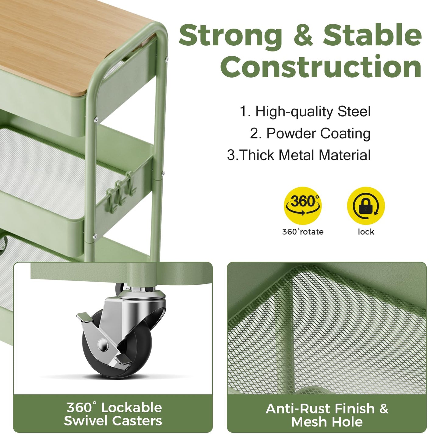 johgee 3 Tier Rolling Cart with Table top, Metal Rolling Utility Cart, Sturdy Storage Organizer Cart with Locking Wheels & Hooks for Office, Classroom, Kitchen and Bathroom