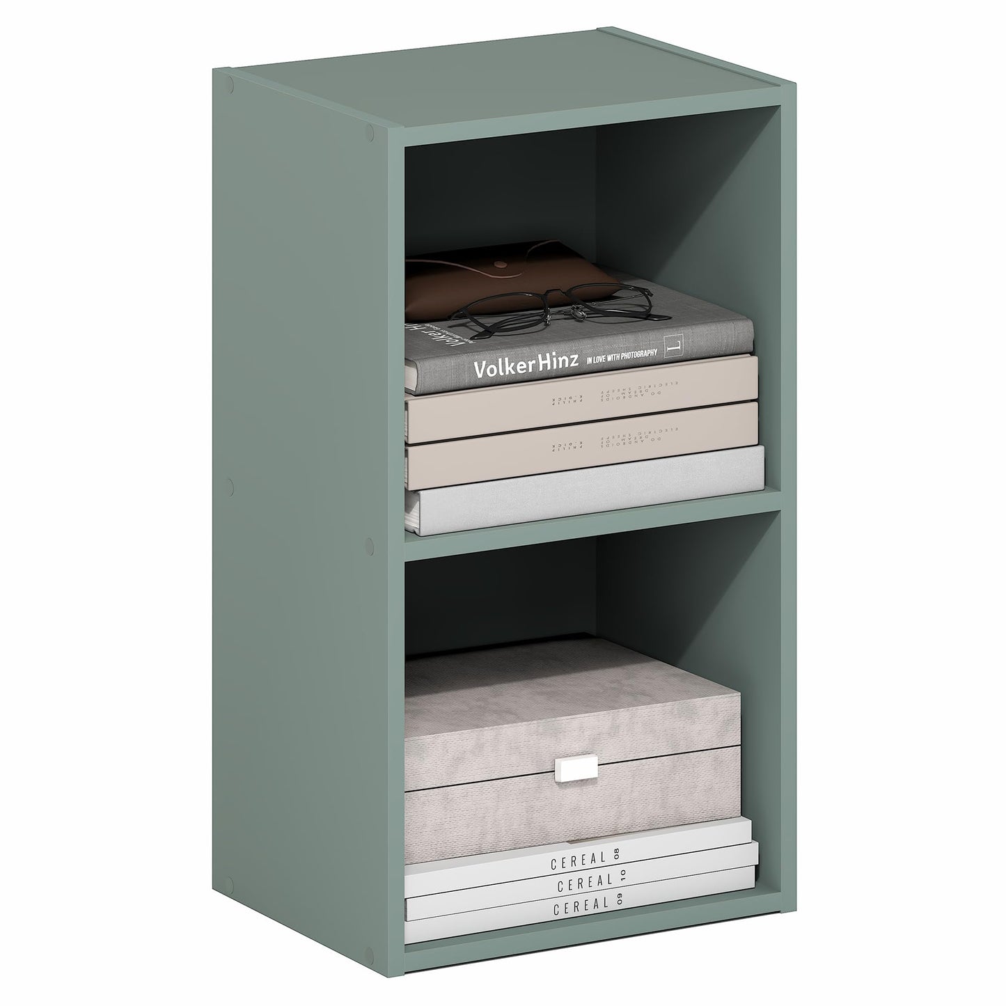 Furinno PASIR Book Shelf, 2-Tier Modern Bookshelf, Open Shelves Bookcase 9 x 12 x 21, Easy Assembly, for Living Room, Bedroom, Home Office, Sage Green