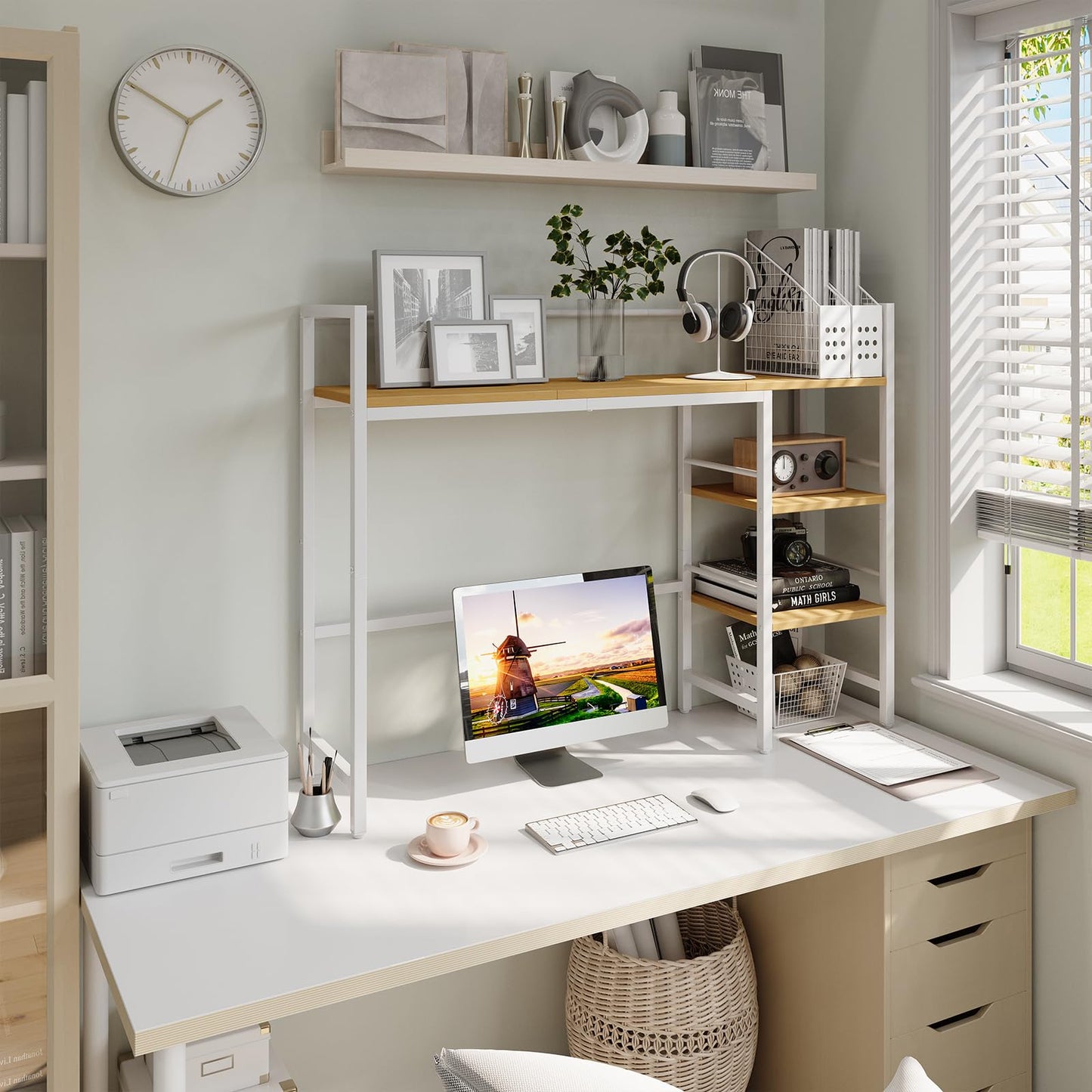 HavenlyYouth Desk Shelf, 38.6 Inch Wood Desk Organizer Shelf for Computer Monitor, Desk Hutch Storage, Desktop Shelf for Top of Desk, 3 Tier Desktop Bookshelf for Home Office Dorm, White