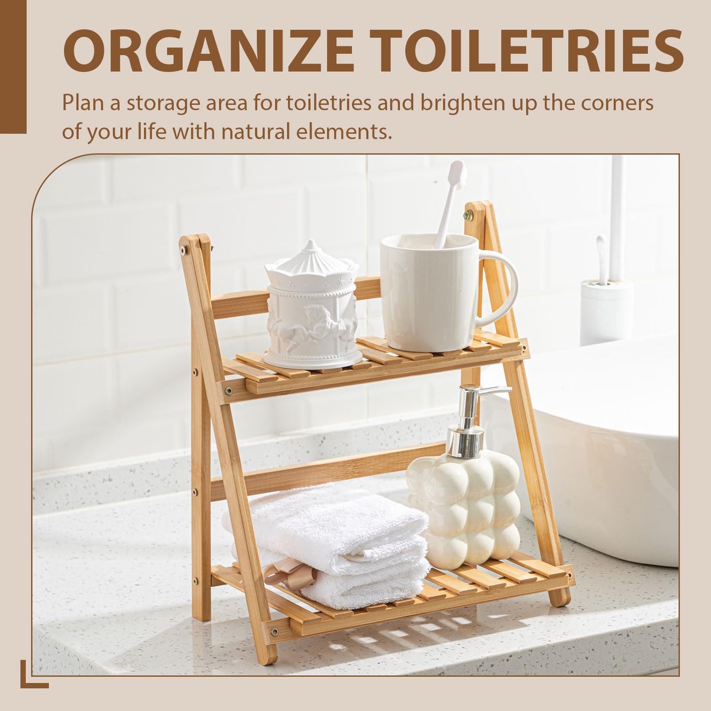 Yalikop Matcha Station Shelf, 11.8'' Coffee Station Organizer, 2 Tiers Bamboo Mug Holder Countertop, Desktop Flower Pot Rack for Home Living Room Window Sill Foldable Display Storage Shelf(Wood)