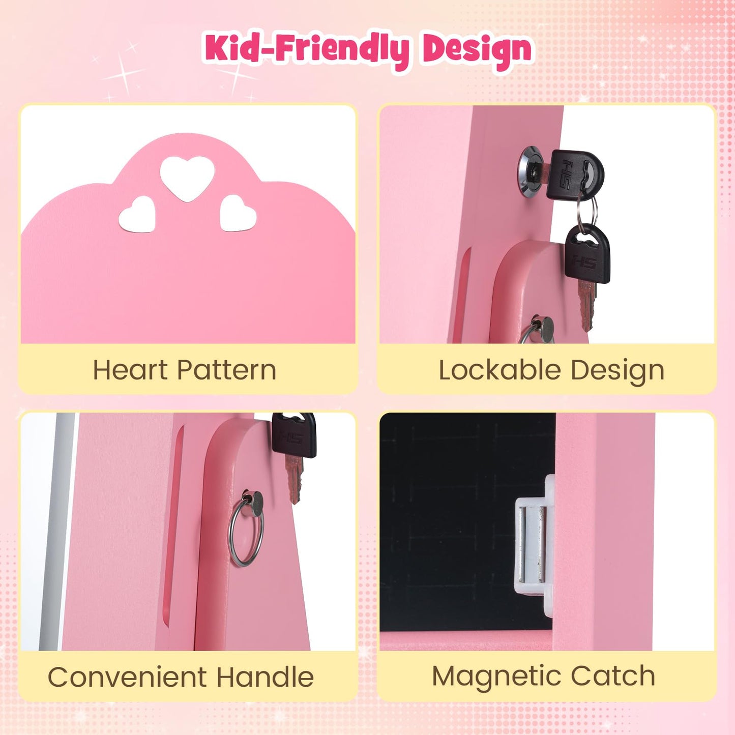 INFANS Kids Jewelry Armoire Cabinet, 360° Swivel Lockable Standing Makeup Organizer with Interior Lights, Rotatable Full-Length LED Vanity Mirror with Foldable Fabric Drawer for Girls