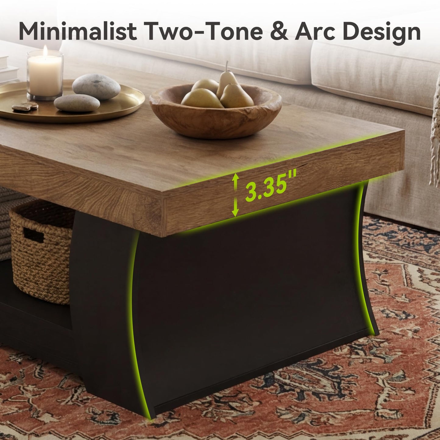 LITTLE TREE 55" Coffee Table, Living Room Table with Storage Shelf, Wooden Coffee Table, Modern Farmhouse Rectangle Center Table for Living Room, Bedroom, Office, Rustic Brown+Black