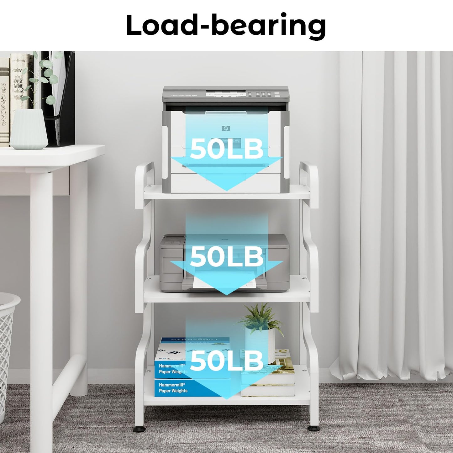 Natwind 3-Tier Printer Stand with Wheels Movable Storage Cart Floor-Standing Multi-Purpose Shelf Rack for Media Player Scanner Files Books Microwave Oven in Kitchen Living Room Home Office (White)