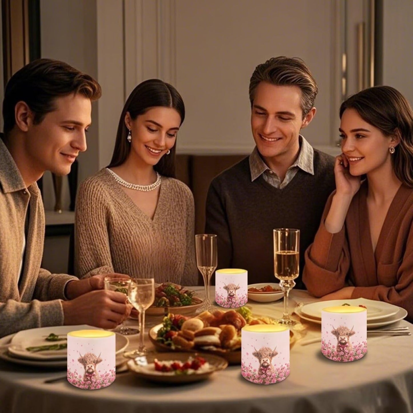 Merkmak Valentines Day Flickering Flameless Candles with Remote and Timer Battery Operated Candles Pink Rose Highland Cattle Print 4Pcs LED Pillar Tea Lights for Home Decor