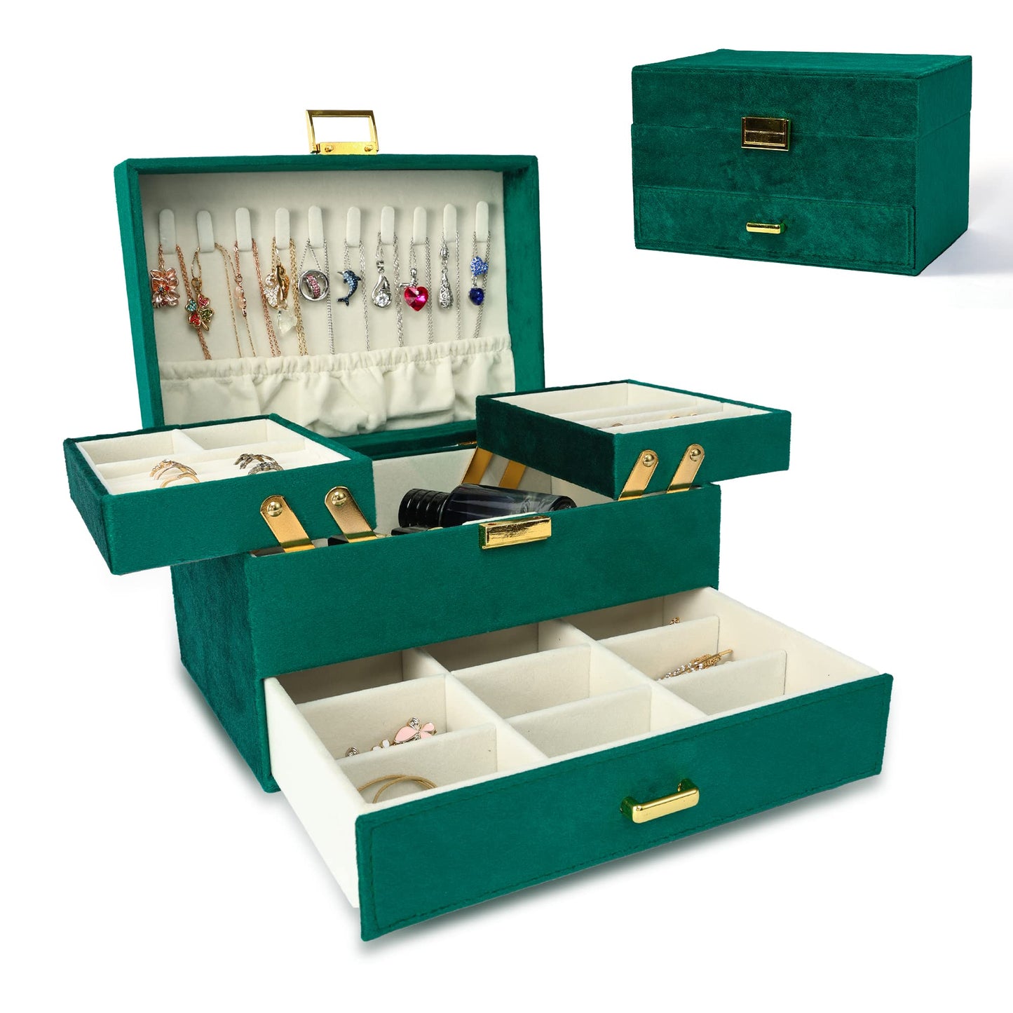 Dajasan Jewelry Organizer Box, Large Velvet Jewelry Boxes for Women Girls, Space-Saving 3 Layers Jewelry Storage Case with Drawer, Movable Metal Stand, Modern, Gift Idea (Green)