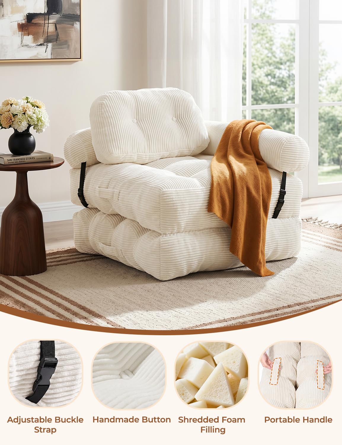 Vellorise Folding Sofa Bed, L-Shaped Couch Back Support and Arm Pillow Futon, Convertible Sofa Bed for Living Room/Guest Use/Home Office, Boneless Foldable Couch for Adults, White