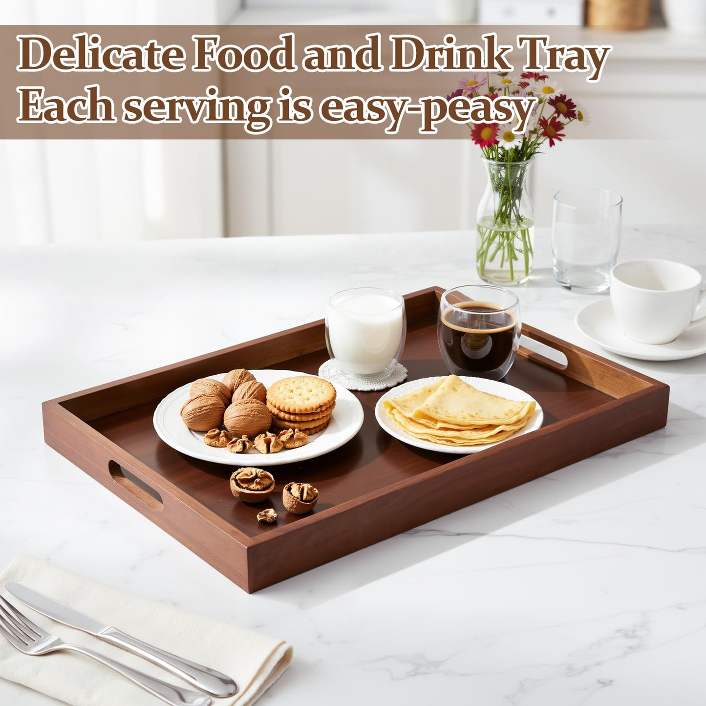 HANLANXUE 2 Pcs 17 Inch Acacia Wood Serving Trays with Handles, Large Wooden Tray Platter for Ottoman, Breakfast in Bed, Coffee Table, Decorative Rectangular Tray for Living Room Bedroom Kitchen