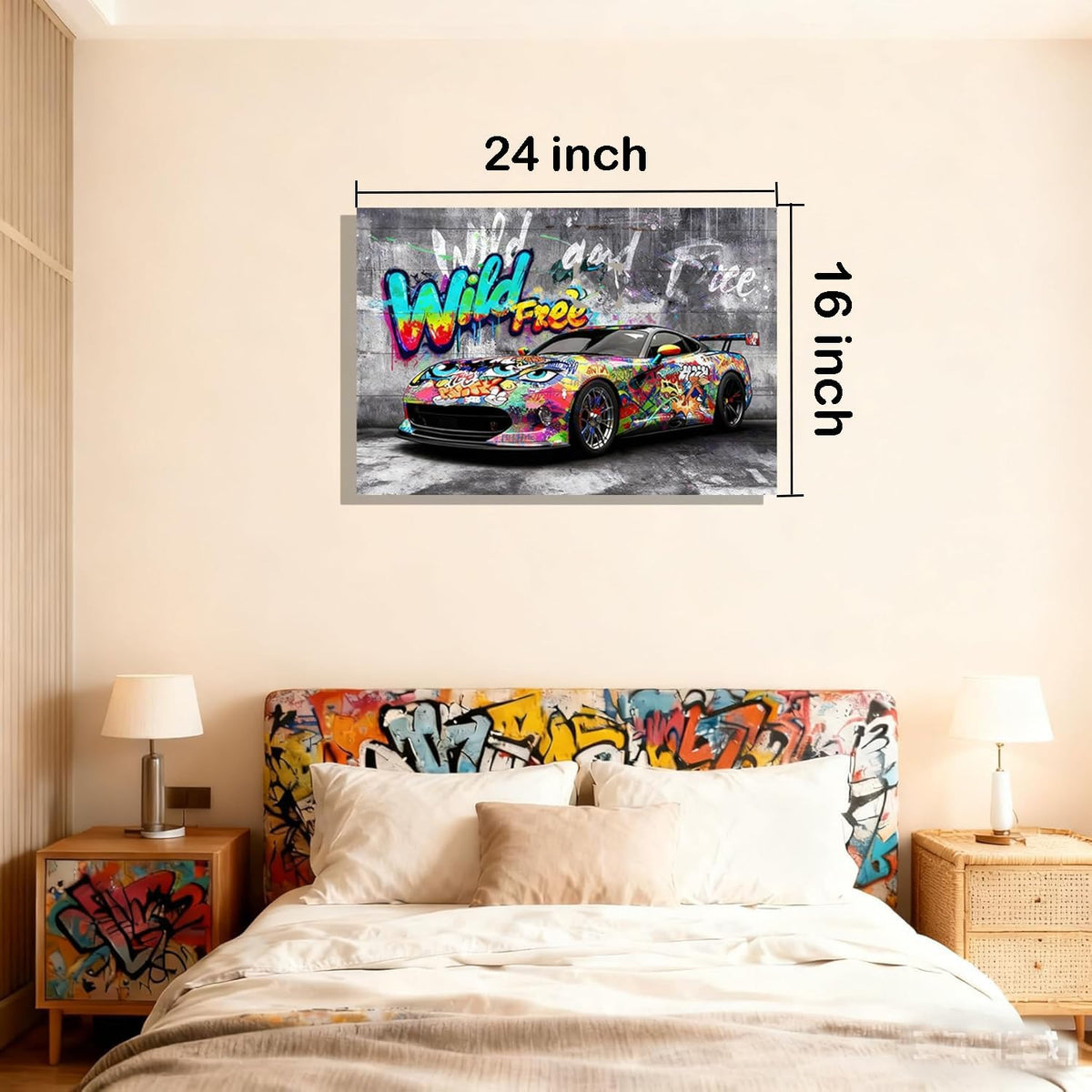 16x24 Modern Graffiti Sports Racing Car Canvas Wall Art Framed Urban Street Galley Oil Painting Gray Picture Teen Boys Pop Funny Home Decor Kids Bedroom Posters Men Office Living Room Cool Prints