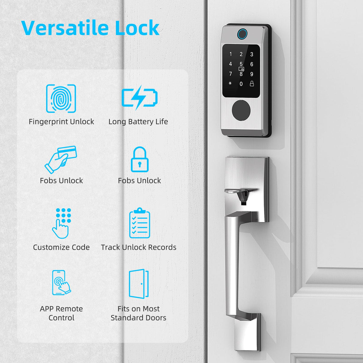 WiFi Front Door Lock Set with Handle, Featuring Fingerprint Keyless Entry, Smart Keypad with Lever Handles, Electronic Screen + WiFi Gateway, App Control, Auto-Lock, and Voice Control-Silver