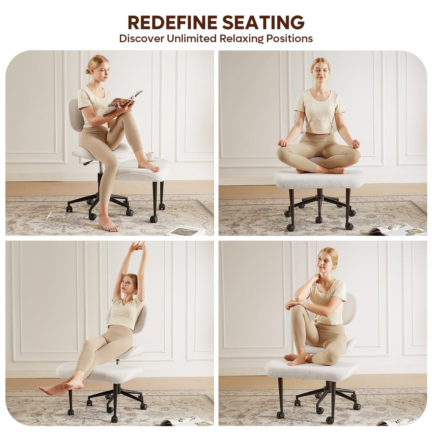 Cross Legged Office Chair with Wheels for ADHD, Ergonomic 360° Swivel Height-Adjustable Meditation Chair for Yoga, Wide Kneeling Chair with Strong Lumbar Support, Teddy Fabric, Off White