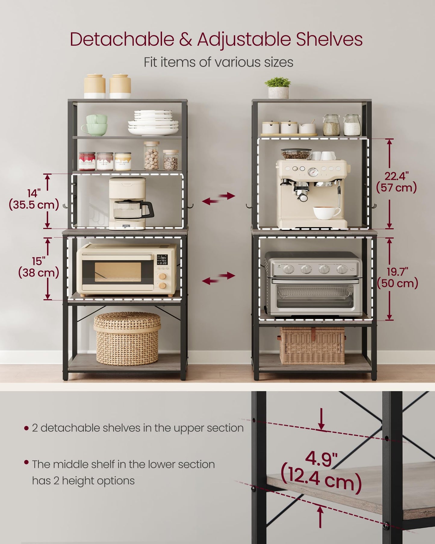 VASAGLE Coffee Bar, 23.6 Inches Baker's Rack for Kitchen with Storage, 6-Tier Kitchen Shelves with 6 Hooks, Microwave Stand, Industrial, Heather Greige and Ink Black UKKS024B02