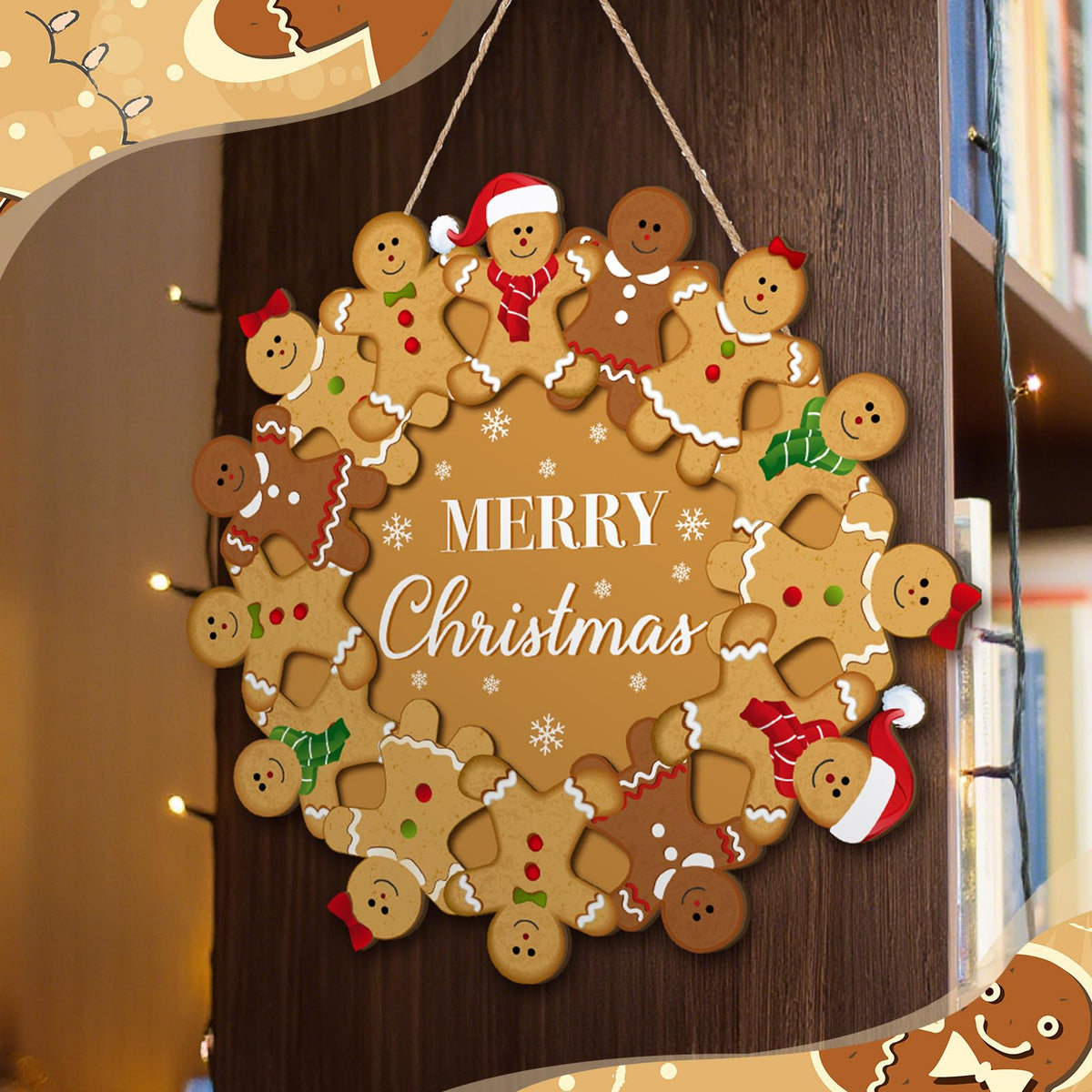 Yousoontic Merry Christmas Gingerbread Man Wreath, Wooden Gingerbread Man Front Door Hanging Sign for Holiday Xmas Indoor Outdoor Home Door/Wall Decor, 11.8 Inch