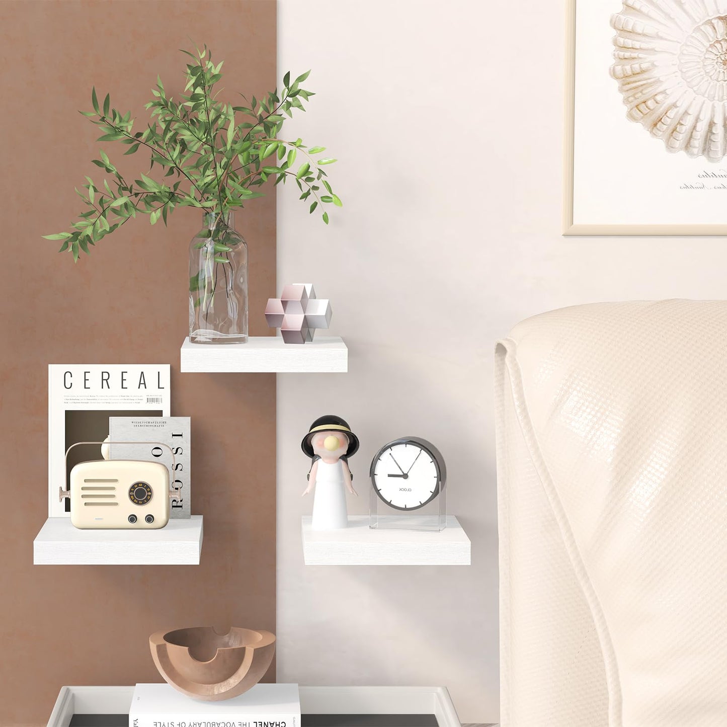 Fixwal 8inch Floating Shelves for Wall, Small White Shelves Wall Mounted Shelf for Bathroom, Living Room, Bedroom, Kitchen Decor (Set of 3, 8x8)