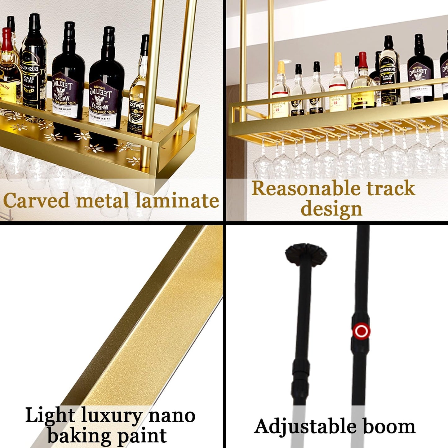 MISTRARA Ceiling Wine Rack, Adjustable Height Gold Multi Functional Hanging Wine Glass Rack, Large Capacity Wine Rack, for Bar, Kitchen, Cafe Wine Bottle Storage (Size : 60 * 35cm)