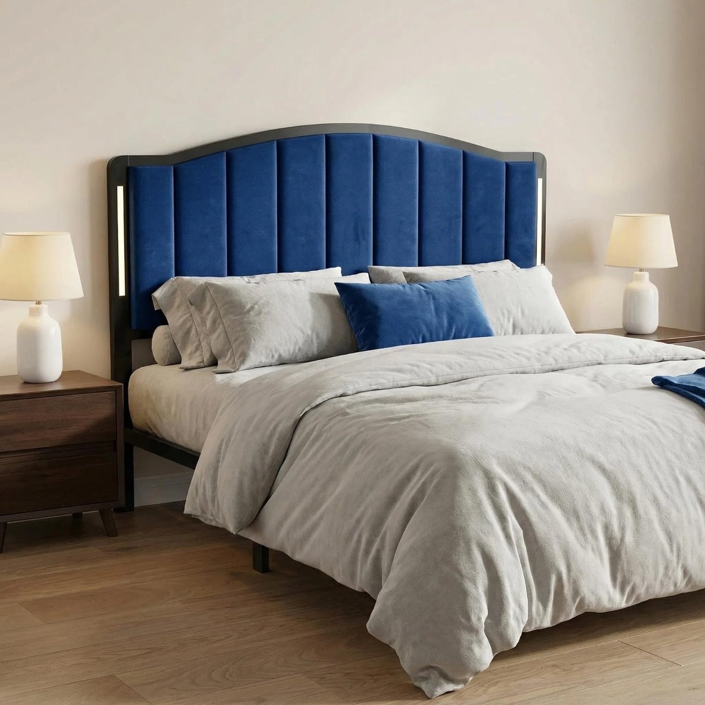 Salamir Headboard for Queen Size Bed with LED Lights, Upholstered Vertical Channel Tufting Head Boards, Velvet Headboard Only, Attach Frame, Ideal for Bedroom, Dorm, Guest Room, Blue