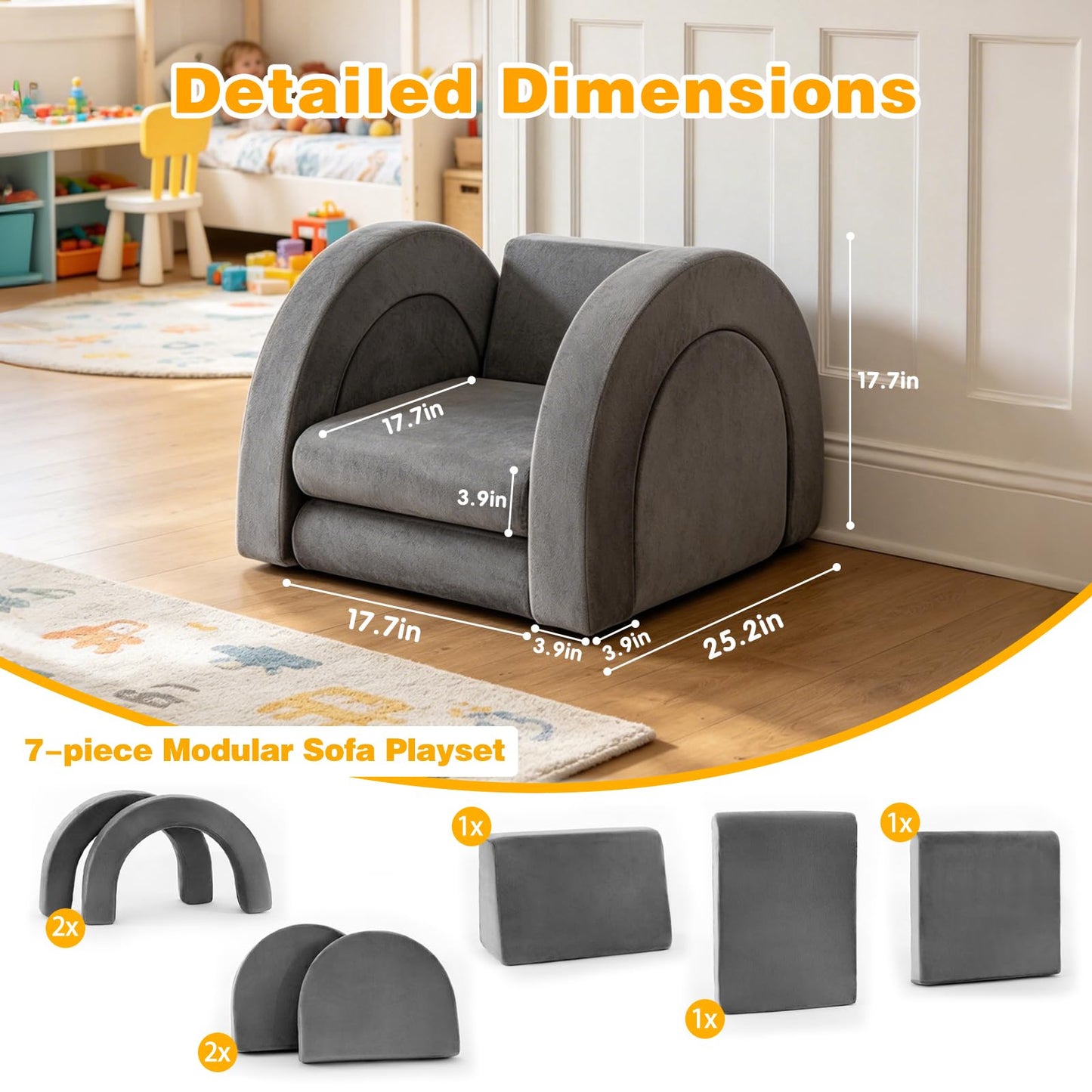 PY HOME & SPORTS Kids Modular Sofa Play Set, 7-Piece Creative Foam Couch for Children, Soft Coral Fleece, Multiple Configurations, Improves Hands-On Skills & Imagination, Compressed Packaging