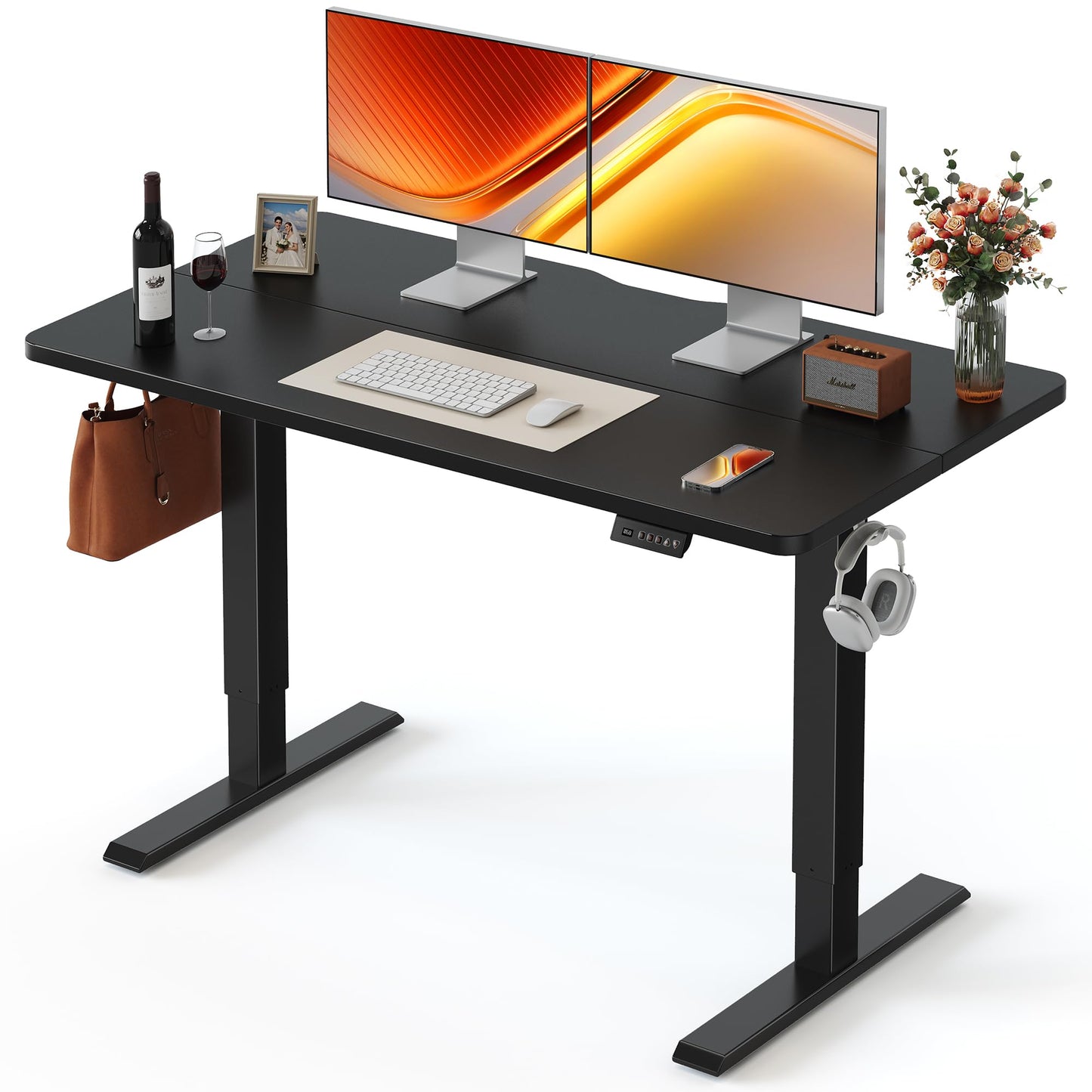 FEZIBO 48 x 24 Inchs Electric Standing Desk, Height Adjustable, Sit Stand Up, Computer Office Desk with Splice Board, Black Frame/Black Top