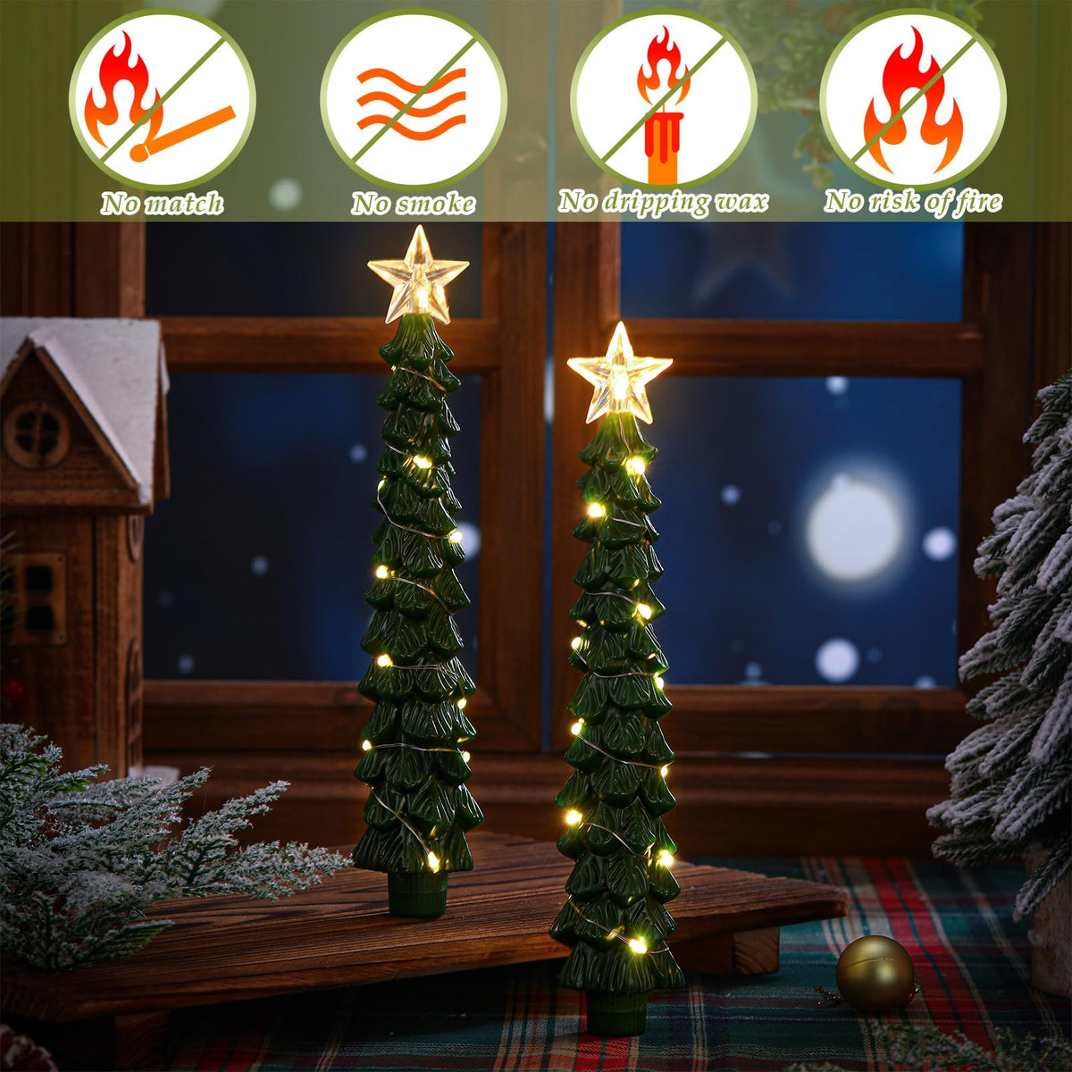 Tujoe 2 Pcs Green Christmas Tree Candles with Remote Flameless Taper Candles Flickering Led Xmas Candlesticks Battery Operated 3D Wick Warm Light for Holiday Winter Table Centerpiece Decorations