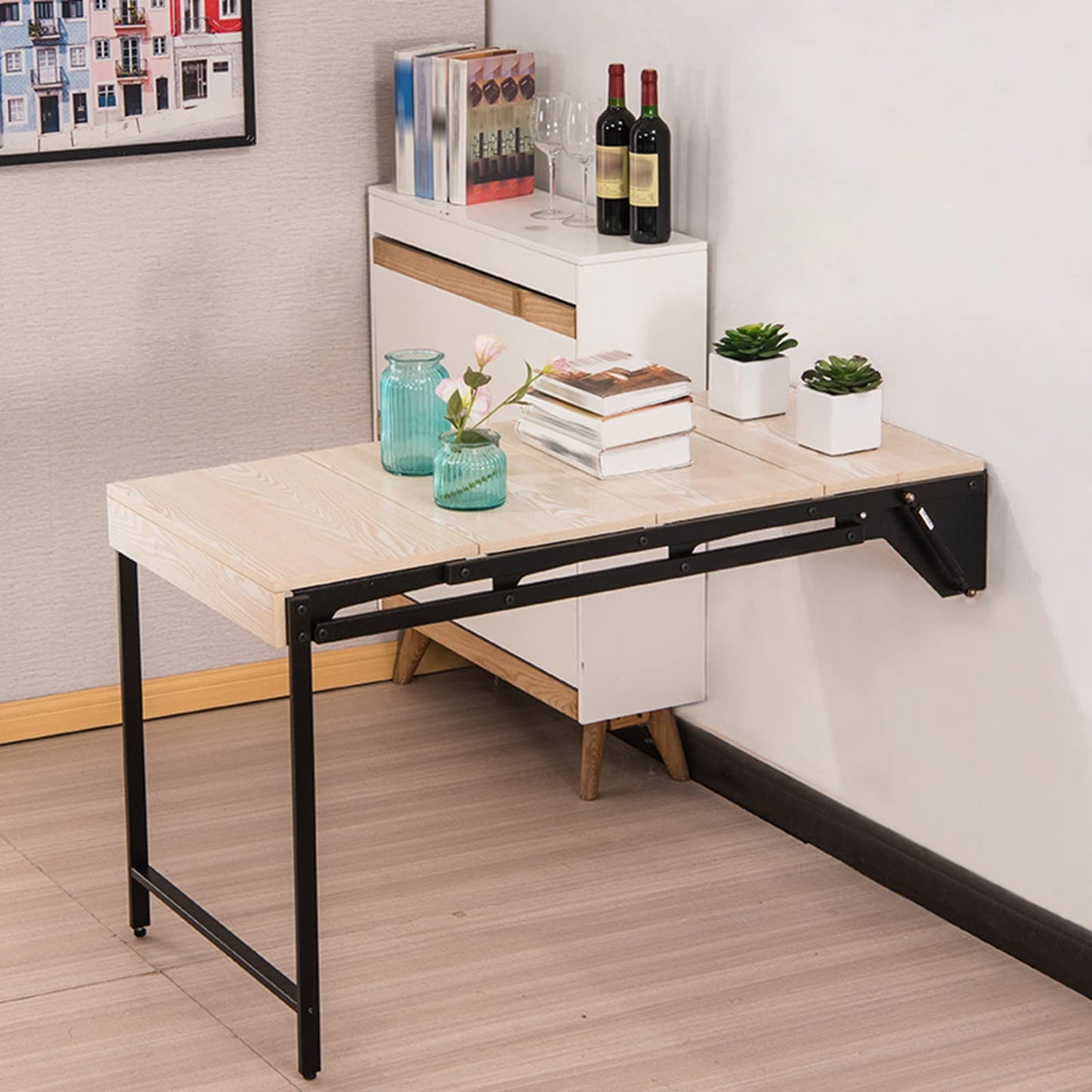 Wall Mounted Folding Desk, Space-Saving Murphy Table, Multi-Functional Work Table, Convertible Floating Shelf for Kitchen & Laundry, Stylish Wooden Cuter Desk (Color:)