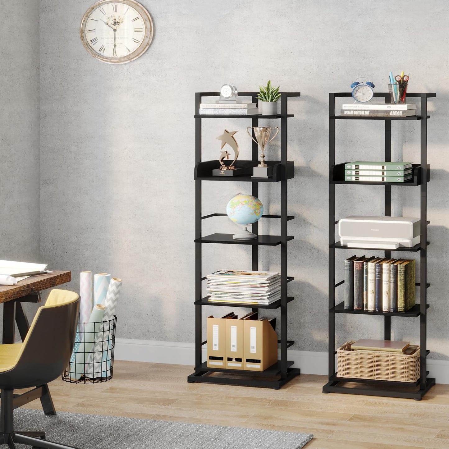 Hosfais Book Shelf Tall Bookshelf: 5 Tier Wood Bookcase with Metal Edge Protection Industrial Narrow Bookshelf Corner Storage Organizer Display Book Rack for Living Room Bedroom Home Office (Black)