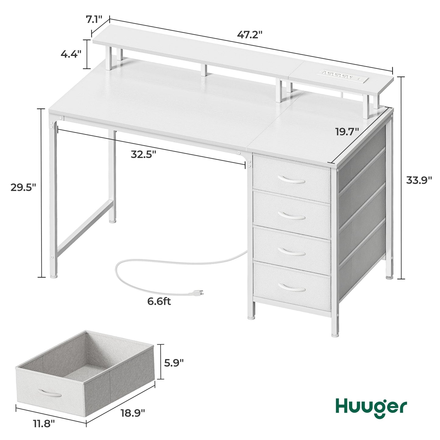 Huuger 47 Inch Computer Desk with Power Outlets and LED Lights, Gaming Desk with 4 Drawers, Office Desk with Monitor Stand, Study Work Home Office, Small Spaces, White