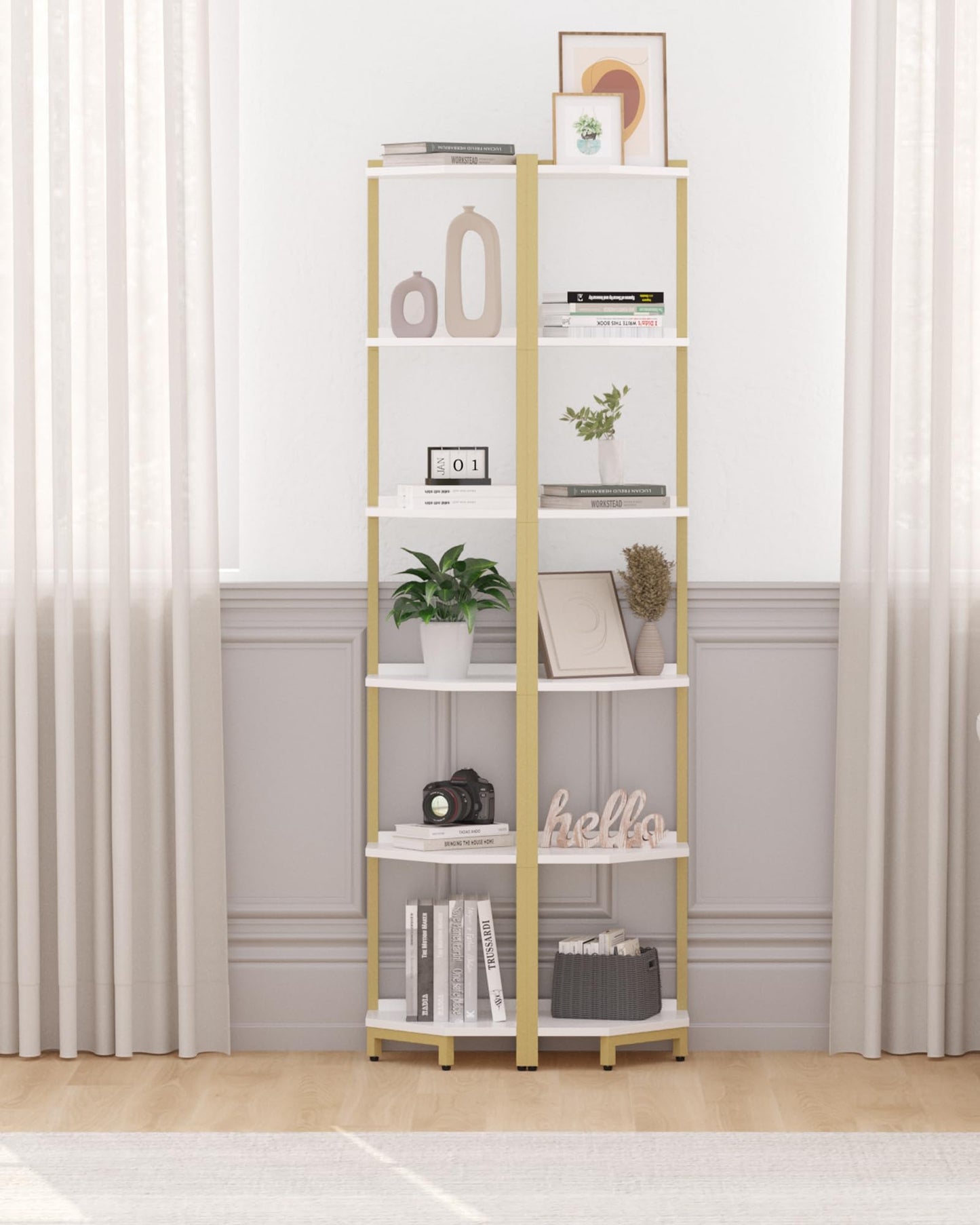 Hzuaneri Corner Shelf Stand, Corner Bookshelf, Storage Standing Shelf Unit with Metal Frame, Plant Stand, Bookcase for Living Room, Home Office, Bedroom, 6-Tier White Gold CS06003A