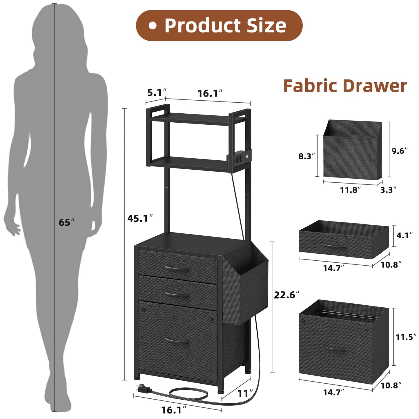 HIGDBFE 3 Drawer File Cabinet with Charging Station, 45''H & 3-Tier