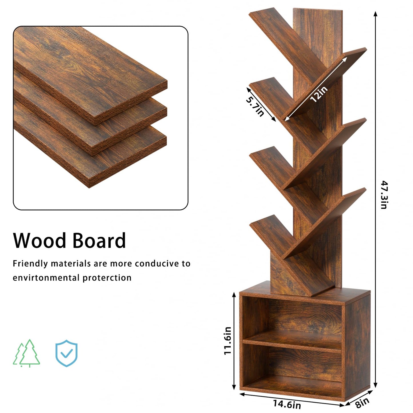 SHEEPAM 10 Tier Tree Bookshelf,Floor Standing Wood Tall Bookcase for Narrow Space, Storage Organizer Bookshelves for Books, Book Case for CDs/Movies/Books,Home Office,Living Room, Bedroom