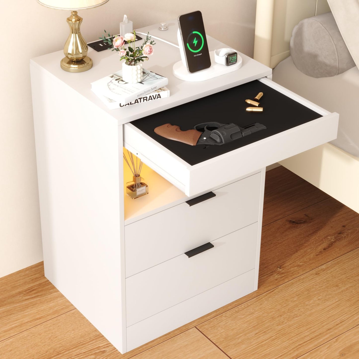 Yusong Night Stand with Gun Drawer & Invisible Lock, Bedside Table, LED Nightstand with Charging Station, Modern Night Stand, Wood Sofa Couch End Side Table with 2 Pull-Out Shelf (White 002)