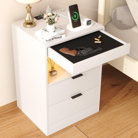 Yusong Night Stand with Gun Drawer & Invisible Lock, Bedside Table, LED Nightstand with Charging Station, Modern Night Stand, Wood Sofa Couch End Side Table with 2 Pull-Out Shelf (White 002)